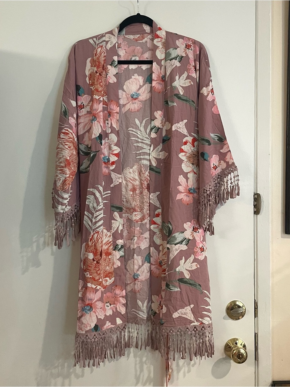 Floral Fringe Kimono in Mauve Pink